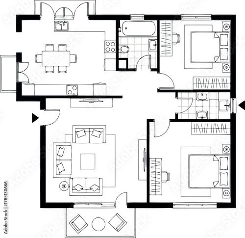Architectural floor plan of a modern twobedroom apartment with living room, kitchen, and bathroom