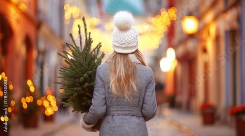 Fototapeta Naklejka Na Ścianę i Meble -  Woman from behind carrying a small Christmas tree on a festive city street