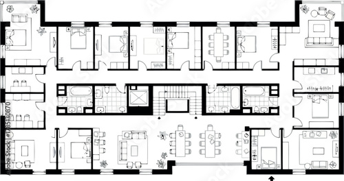 Architectural floor plan of a large building with multiple apartments and common areas