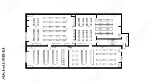 Office floor plan layout with cubicles, meeting rooms, and common areas