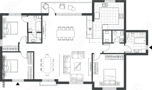 Detailed floor plan of a spacious family house with multiple bedrooms and living areas