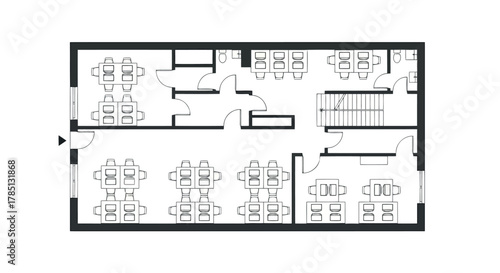 Office floor plan with cubicles, meeting room, and reception area