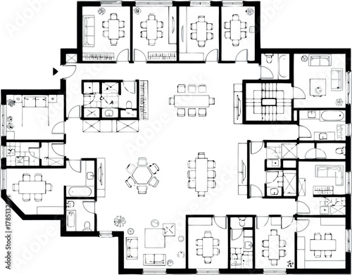 Detailed floor plan of a spacious home with multiple rooms and a central living area