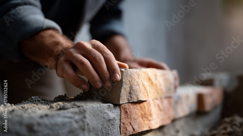 A close-up of a construction workerâs hands carefully aligning ceramic wall tiles during installation. The textured brown and beige tiles are pressed against a rough plaster wall,