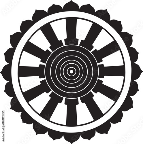 Black Silhouette of a Dharmachakra Wheel on a White Background wheel of dharma buddhism on transparent background