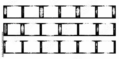 Three rows of distressed film strip frames with blank white spaces for photos or video clips