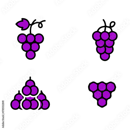 Grapes Fruit Icons Collection. Vector set of purple grapes including small bunches and grouped fruit. Perfect for vineyard, wine, or healthy lifestyle designs.