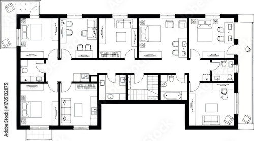 Architectural drawing of a multiunit residential building floor plan with individual apartments