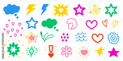 Collection of colorful hand drawn icons and symbols including hearts stars lightning bolts and thought bubbles
