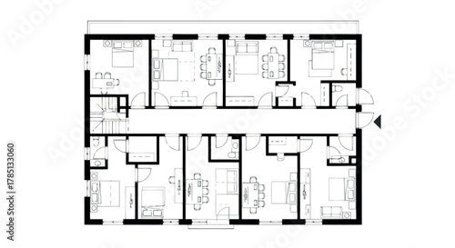 Black and white floor plan of a residential building with multiple units and rooms
