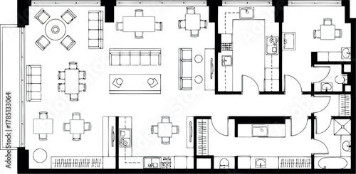 Architectural floor plan of a modern apartment layout with furniture and room divisions