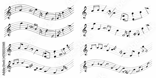 Collection of flowing musical staffs with black notes and treble clefs on a white background