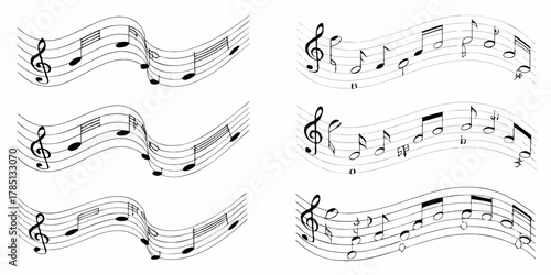 Collection of six wavy musical staffs with various notes and clefs on a white background