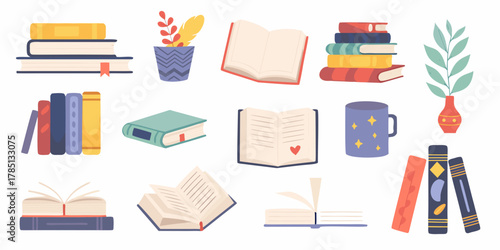 Collection of illustrated books a decorative plant and a mug on a white background