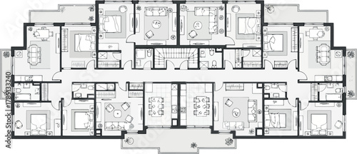 Detailed floor plan of a modern apartment building with multiple units and balconies