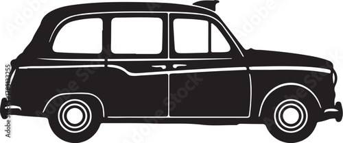 Black silhouette of a classic London taxi cab on a white background black cab vehicle on transparent background