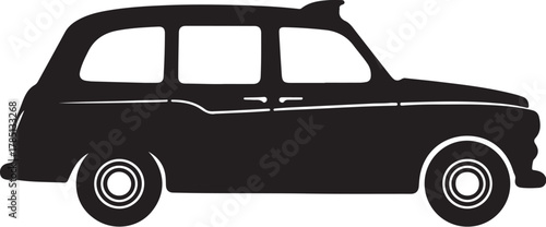 Black silhouette of a classic London taxi cab on a white background black cab vehicle on transparent background
