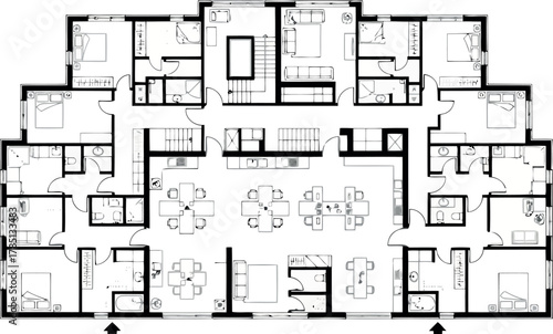 Architectural floor plan of an apartment building with multiple units and common areas