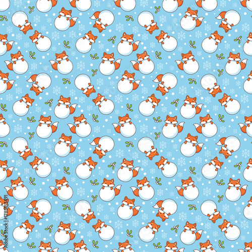 Christmas Fox Vector. Seamless Curious Fox Pattern with Snowflakes and Mistletoe. Winter seamless pattern Background.