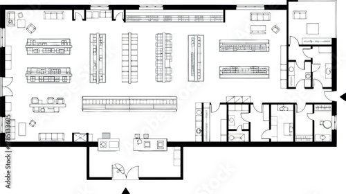 Floor plan of a retail store with aisles, shelves, and checkout counters, topdown view
