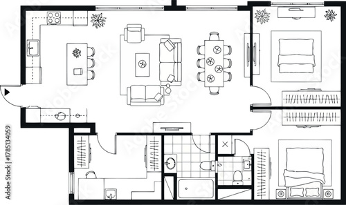 Floor plan of a modern twobedroom apartment with openplan living and dining area
