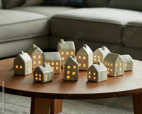 Illuminated ceramic houses on a wooden table at night