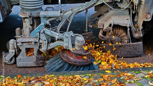 Street sweeper cleaning fallen autumn leaves on a wet cobblestone road. Municipal cleaning vehicle working during fall season.