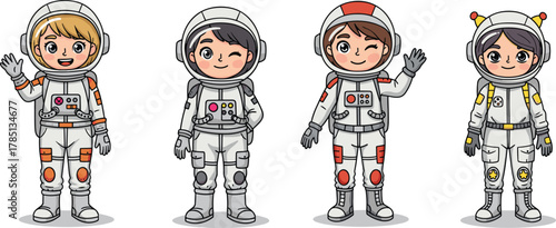Cartoon astronauts, diverse space suits, vector illustration, helmet characters, waving pose, educational theme, space exploration, kids content, stock image, smiling faces