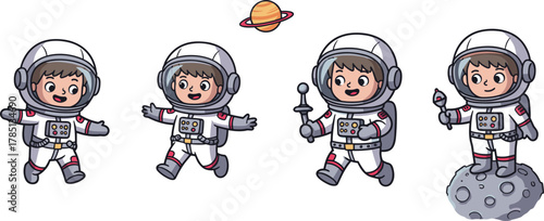 Cartoon astronauts, vector illustration, space suit, moon surface, waving pose, holding flag, smiling child, space mission, kids theme, planet