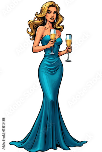 Elegant woman in blue dress holding champagne glasses, festive celebration, glamorous atmosphere, copy space
