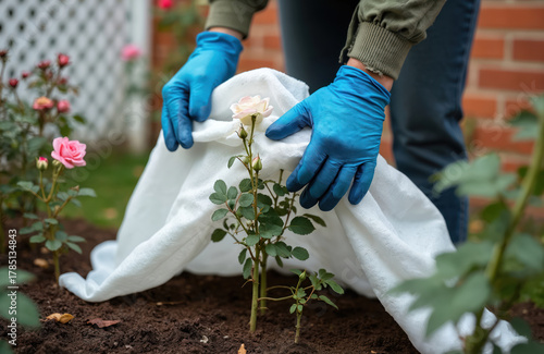 Fototapeta Naklejka Na Ścianę i Meble -  Person in blue gloves covers rose bush with white fabric. Gardener protects plant from cold. Winter prep for garden, frost safety. Hands seasonal plant care for tender flowers outside in autumn