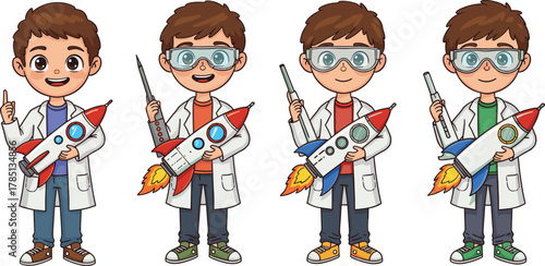 Cartoon boy scientist, vector illustration, toy rocket models, lab coat, safety goggles, experiment pose, STEM education, stock image, science activity