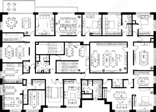 Architectural blueprint of a large office floor plan with multiple rooms and workstations