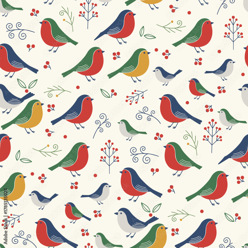 Fototapeta premium Christmas Pattern Vector. Seamless Christmas Bird Pattern with Berry and Branch. Merry Christmas Nature Seamless Pattern Background. Perfect for textile, wallpaper or print design.