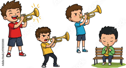 Cartoon boys playing trumpet, vector illustration, musical performance, standing and sitting pose, emotional expression, music theme, stock image, instrument, bench