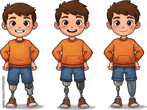 Cartoon boy with prosthetic legs, vector illustration, limb difference, disability inclusion, smiling child, adaptive design, stock image, orange outfit, diversity