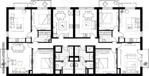 Architectural floor plan of an apartment building showing multiple residential units and layouts