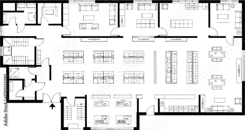 Detailed architectural floor plan of a retail store with various sections and back office areas