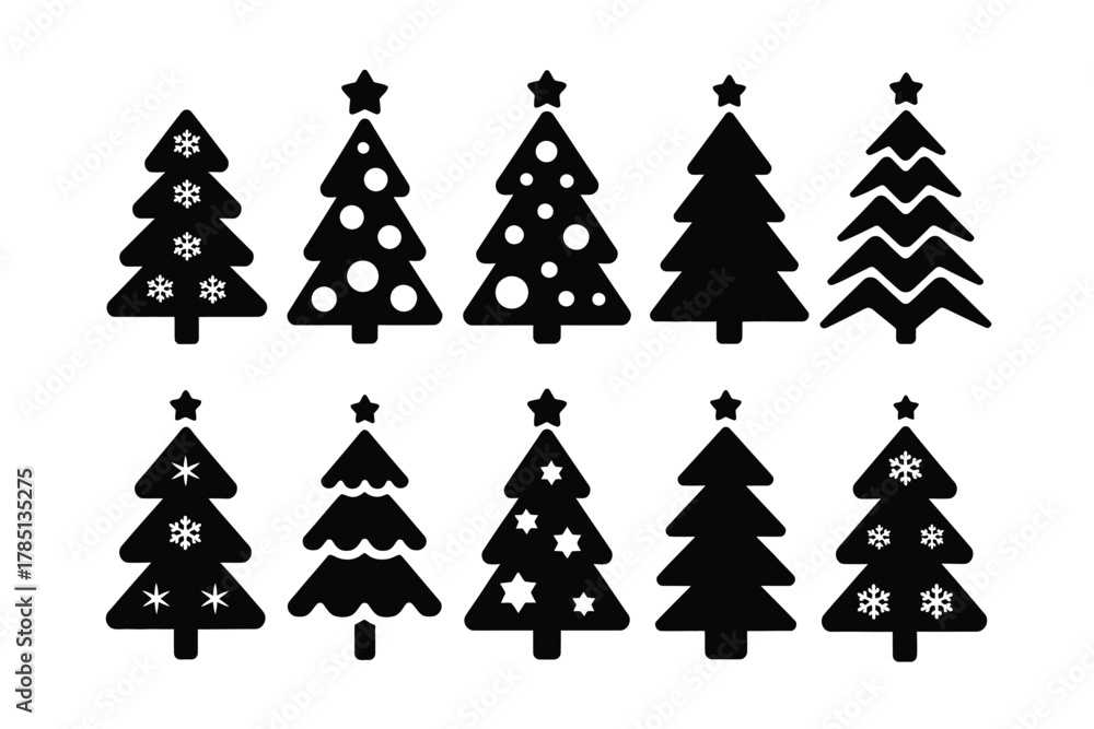 Obraz premium Collection of diverse, stylized Christmas trees, perfect for festive holiday design.