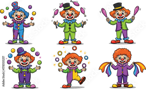 Cartoon clowns juggling, vector illustration, circus performers, colorful costumes, juggling balls, clubs, stock image, entertainment, party theme, playful pose