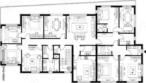Detailed architectural floor plan of a spacious apartment with multiple bedrooms and living areas
