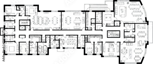 Architectural floor plan of a large residential building with multiple rooms and living spaces