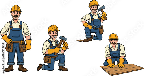 Cartoon construction worker, vector illustration, hammer and nail, wood plank task, work uniform, tool belt, stock image, builder, pose, action