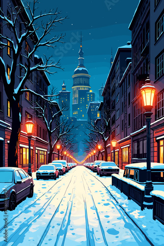 City street illuminated at night with snow and skyline, winter scene, vibrant atmosphere