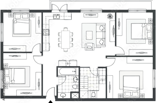 Floor plan of a fourbedroom house with living room, dining area, kitchen, and bathrooms