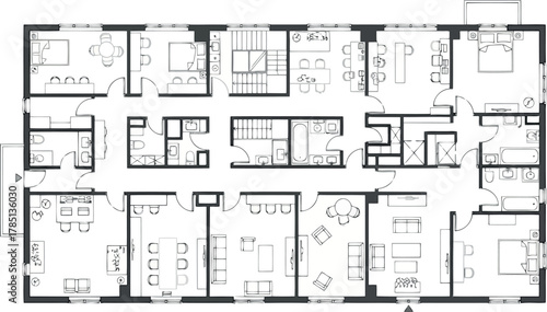 Detailed floor plan of a large residential building with multiple apartments