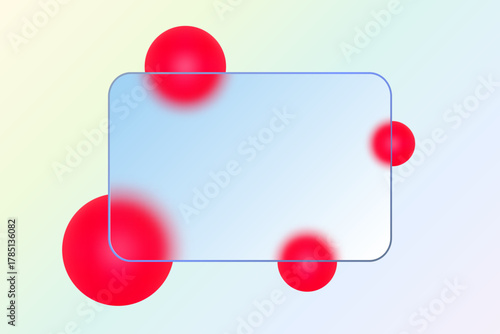 Red gradient background with a matte rectangular frame and four soft 3D spheres. Eps 10