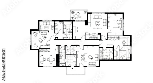 Top view of a floor plan for a residential apartment with multiple rooms