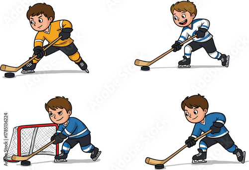 Cartoon hockey players, vector illustration, puck control, goalie pose, skating action, sports uniform, stock image, stick handling, team play, defense
