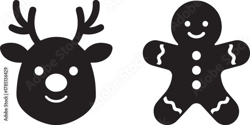 Black silhouette of a reindeer face with antlers and a gingerbread man on a white background christmas
